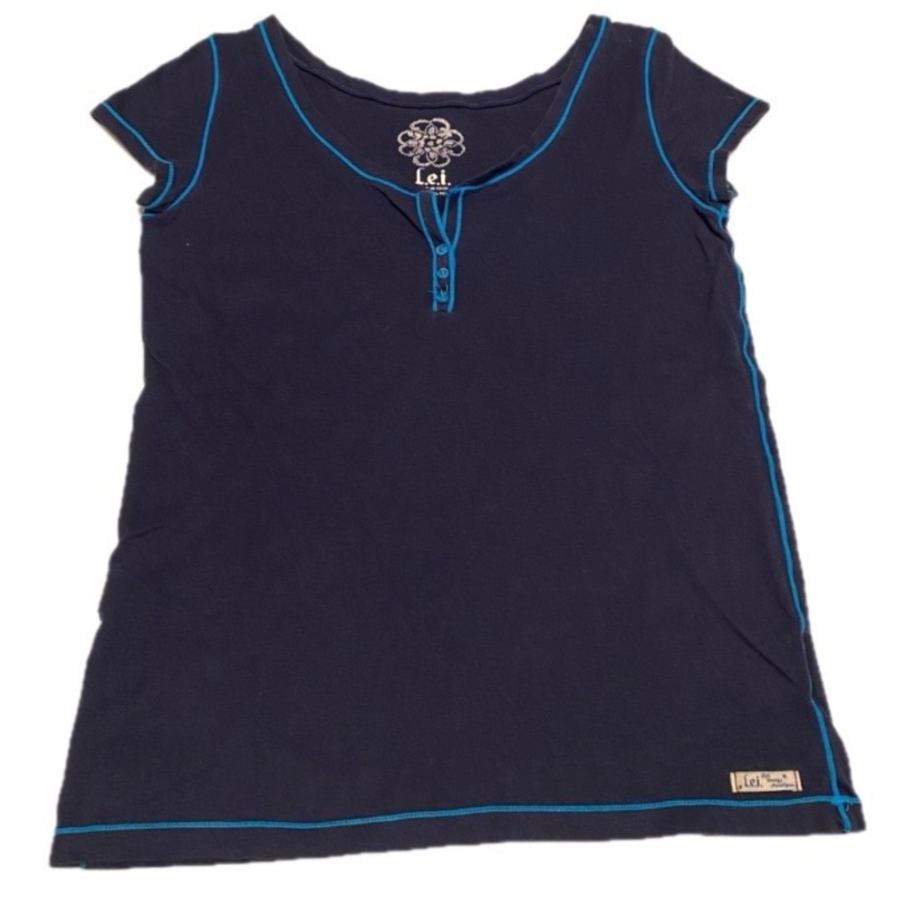 L.e.i. Sleepwear Girls Large Navy Blue Short Sleeve Henley Style Sleep Shirt